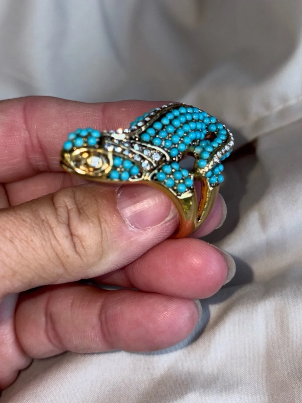 Kenneth Lane RETIRED Turquoise Crystal Lizard cocktail Ring - Blue Gold-Tone